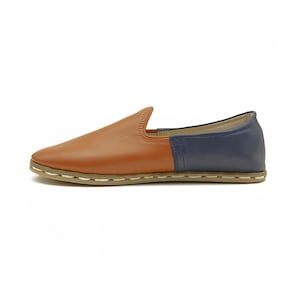 Men&#39;s Navy Blue and Tan Color Leather Slip One - Daily Basis Shoes - Comfort Leather Shoes - Organic Handmade Shoes