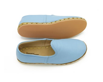 Blue Leather Turkish Shoes: Handmade Women's Dress Loafers