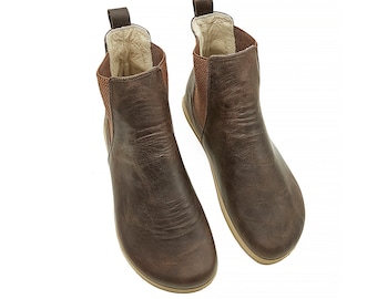 Men Zero Drop Chelsea Boots, Brown Natural Leather Barefoot, Leather Insole Shoes