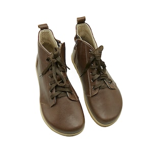 Men Zero Drop Short Boots, Brown Color Leather Barefoot, Leather Insole Shoes