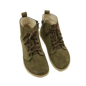 Men Zero Drop Short Boots, Green Color Suede Leather Barefoot, Leather Insole Shoes
