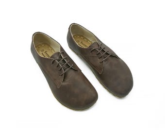 Damen Barfuß Braun Leder Oxford Schuhe: Zero Drop, flexible Passform
