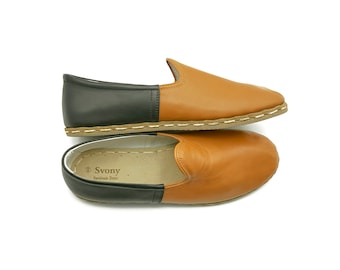 Handmade Leather Slip-On Shoes: Black & Tan Comfort Loafers