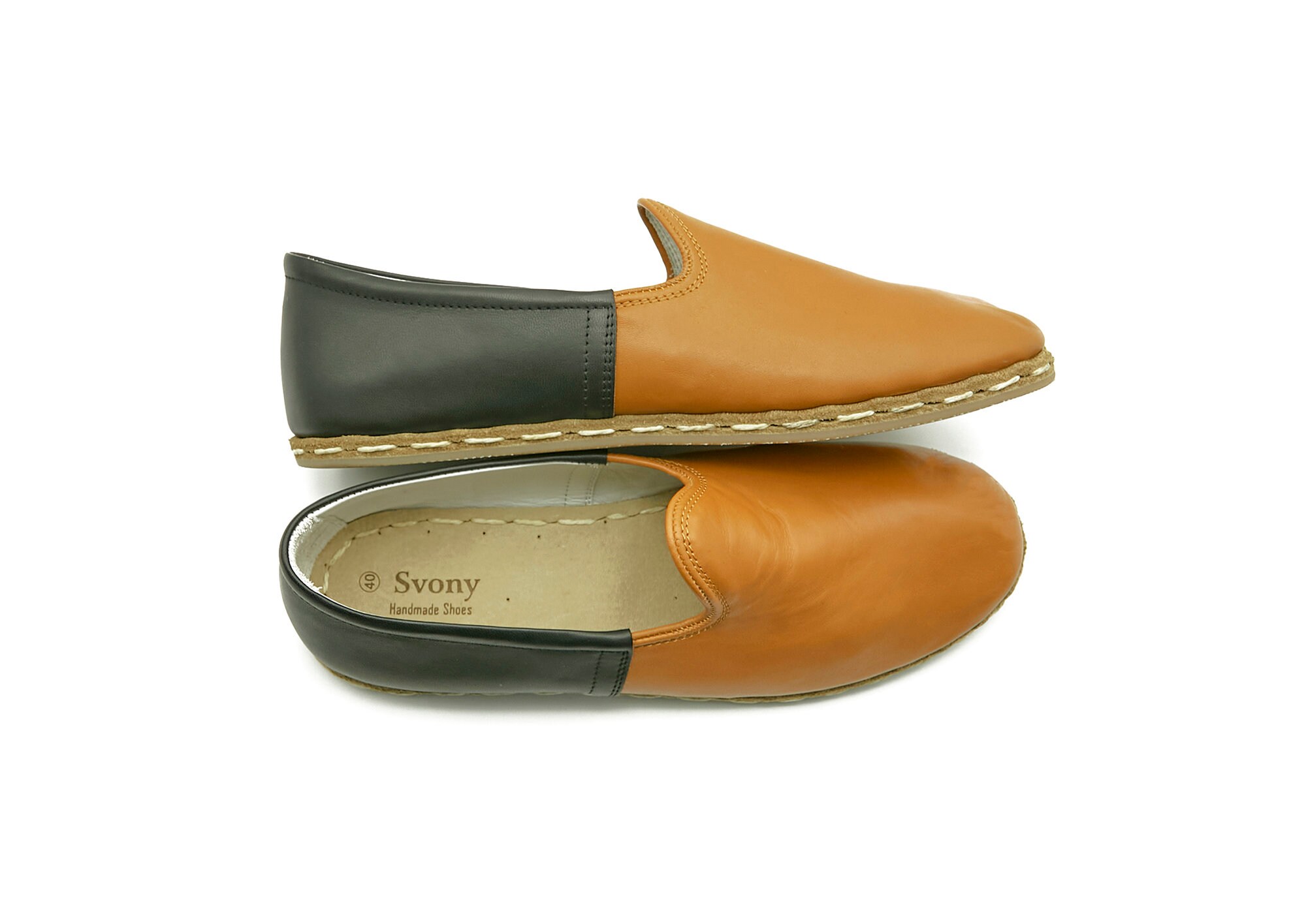 Handmade Leather Slip-on Shoes: Black & Tan Comfort Loafers - Etsy
