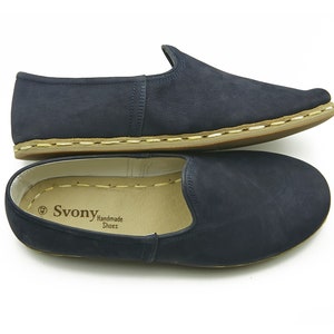 Men&#39;s Navy Blue Comfort House Leather Shoes - Handmade Slip On - Flat Yemeni Shoes - Leather Loafer - Gift For Him