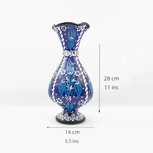 11 Inches Turkish Blue Floral Vase - Handcrafted Home Decor Pottery Lace Vase - Boho Ceramic Vase - Table Top Decor - Interior Design