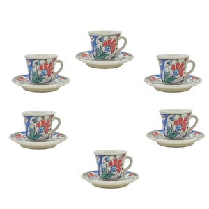 6 Sets of  Vintage Turkish Coffee Set With Plate , Serving Coffee Cup Set , Guest Coffee Set , Turkish Ceramic Coffee Set