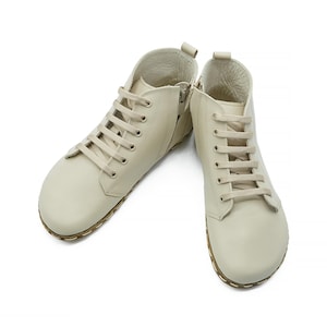 Women&#39;s Handmade Barefoot Cream Short Boots - Organic Zero Drop Booties with Zipper - Wide Toe Box Grounding Shoes