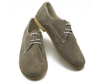 Handcrafted Gray Suede Oxford Shoes: Women's Leather Lace-Up Shoes