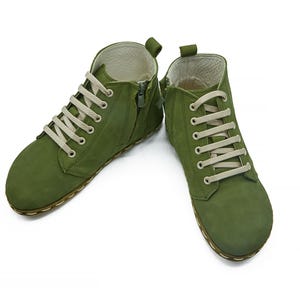 Women&#39;s Handmade Barefoot Nubuck Green Short Boots - Organic Zero Drop Booties with Zipper - Wide Toe Box Grounding Shoes