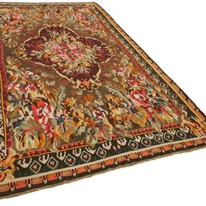 Handmade Vintage Qarabagh Kilim Rug  - 7x10 Handwoven Home Decor Kilim - Oriental Floral Bessarabian Kilim - Decorative Rose Kilim