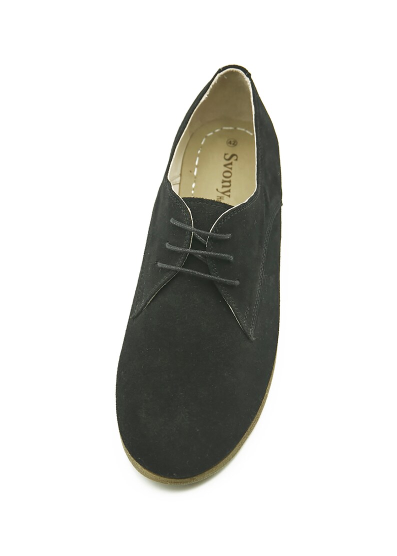 May include: Black suede lace-up shoes with a brown sole. The shoes have a label that says "Svovy" on the inside.