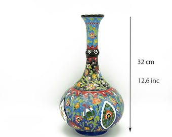 Handmade Blue Ceramic Vase: Turkish Floral Decor (12.6 inch)