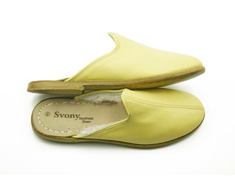 Shearling Yellow Color Leather Women Slipper, Handmade Slipper, Gift for Women, Warm Slipper, House Slipper