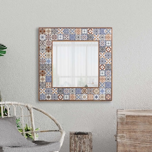 Wooden Frame Mirror | Wall Hanging Mirror | Unique Handmade Ceramic Mirror | Housewarming Gift | Small Wall Mirror