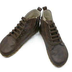 Women&#39;s Handmade Barefoot Brown Short Boots - Organic Zero Drop Booties with Zipper - Wide Toe Box Grounding Shoes