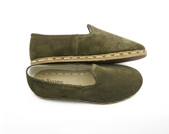 Green Genuine Handmade Women's Shoes, Yemeni Shoes, Slip On Shoes, Leather Shoes Women, Organic Shoes, Christmas Gift