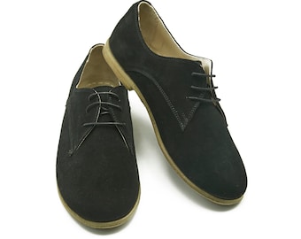 Zapatos Oxford de ante negro hechos a mano: zapatos de cuero con cordones para mujer