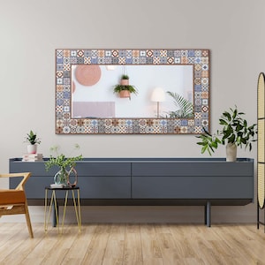Unique Handmade Wooden Stone Mirror | Decorative Wall Mirror Hanging Mirror | Ceramic Tile Mirror | Ethnic Home Decor
