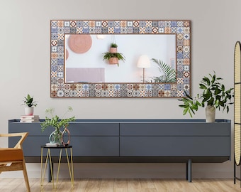 Unique Handmade Wooden Stone Mirror | Decorative Wall Mirror Hanging Mirror | Ceramic Tile Mirror | Ethnic Home Decor