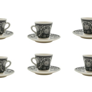 6 Sets Of Black Coffee Cup Set , Handmade Painted Ceramic Turkish Coffee Set , Guest Coffee Set with Plates , Gift For Newlyweds