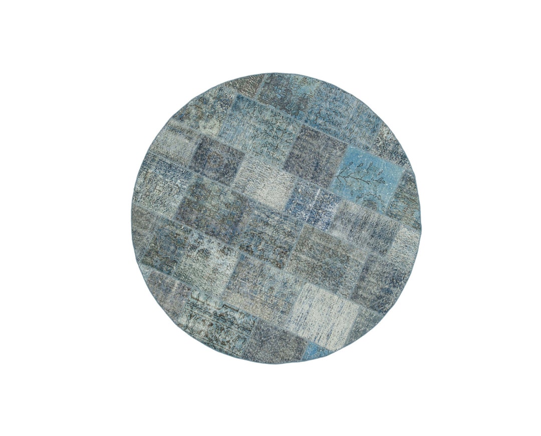 7' Handmade Blue Wool Round Area Rug Modern Anatolian Etsy