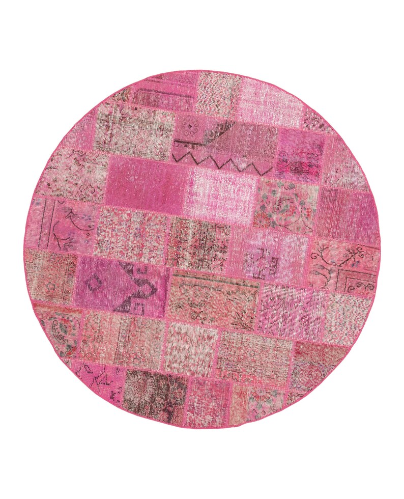6' 6'' Ft Handmade Pink Round Area Rug, Turkish Anatolian Decorative