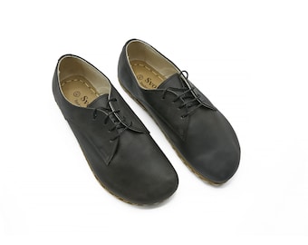 Women's Barefoot Black Leather Oxford Shoes: Zero Drop, Flexible Fit