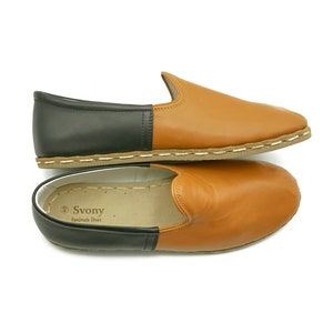 Men&#39;s Black and Tan Color Leather Slip One - Daily Basis Shoes - Comfort Leather Shoes - Organic Handmade Shoes