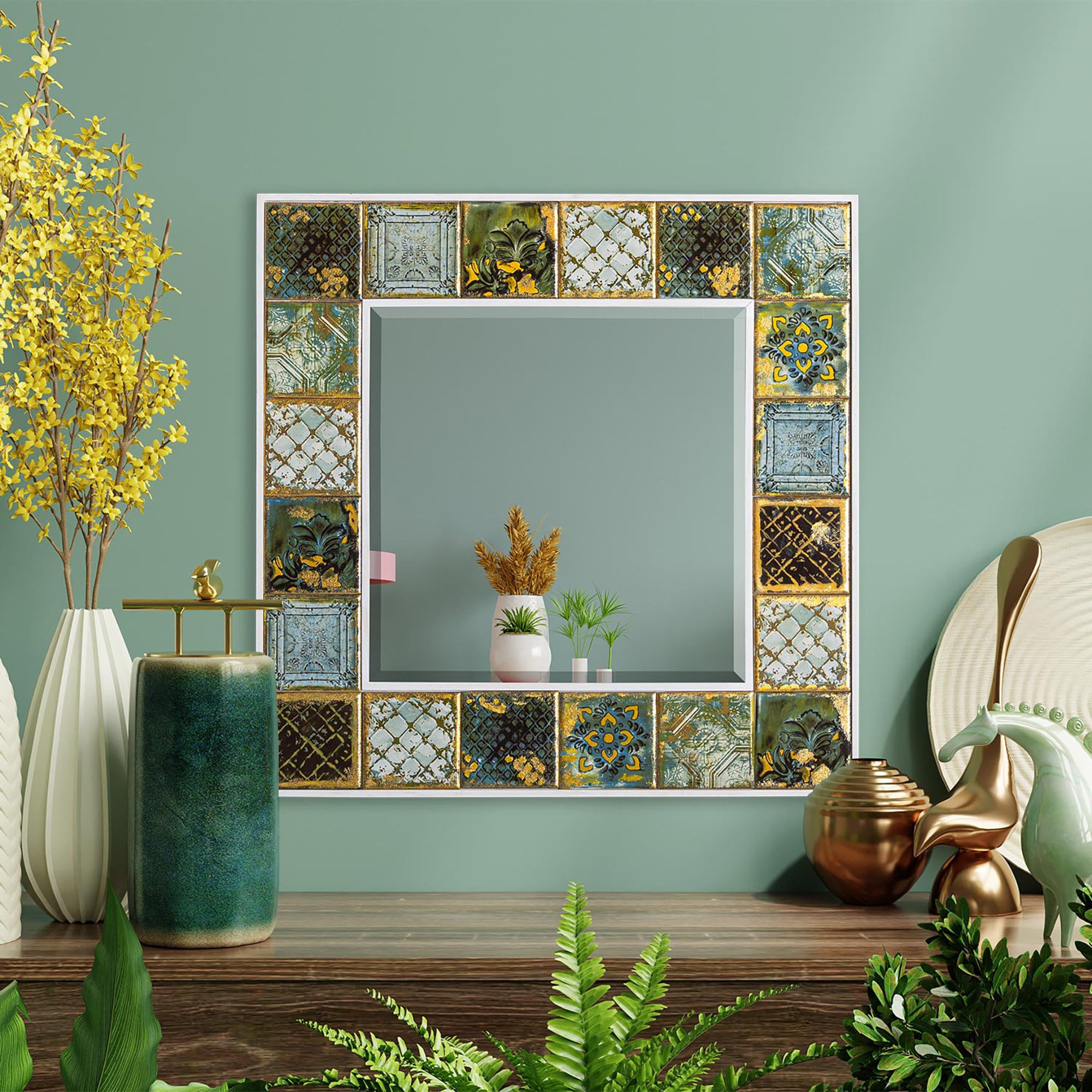 Handmade Tile Mirror: Bohemian Stone Wall Hanging, Pine Wood Frame - Etsy, image size:2000x2000