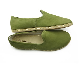 Handmade Green Nubuck Leather Shoes: Turkish Yemeni Style