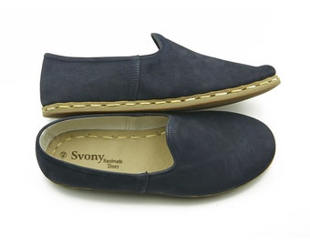Scarpe da donna in pelle nabuk blu - Pantofole turche fatte a mano
