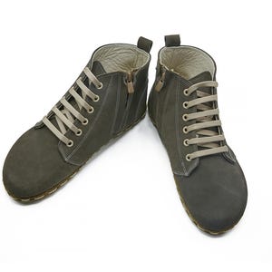 Women&#39;s Handmade Barefoot Nubuck Gray Short Boots - Organic Zero Drop Booties with Zipper - Wide Toe Box Grounding Shoes