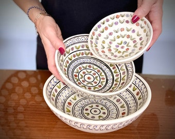 Anniversary Gift - Ceramic Unique Bowl, 3 sets of Ceramic Bowl, Gift for Her - Handmade Ceramic Bowl, Turkish Ceramic