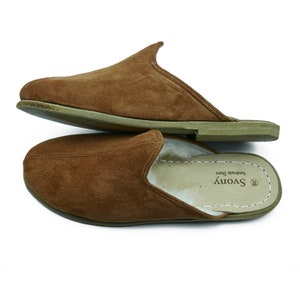 Tan Color Sheep Skin Shearling Men Slippers, Handmade Suede Slippers, Leather Slippers, Gift for Men