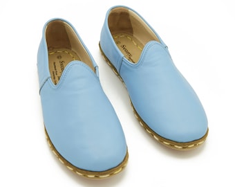 Zapatos azules para hombre hechos a mano, yemeníes de cuero genuino, sin cordones, regalo para el Día del Padre.