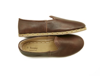 Brown Leather Yemeni Shoes: Handmade Turkish Daily Shoes