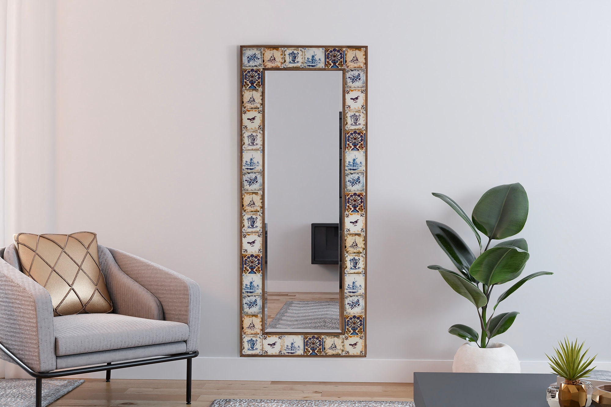 大型ボヘミアンウォールミラー：手作りの松材とトルコタイル - Etsy 日本