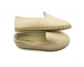 Beige läderloafers för män: Handgjorda turkiska jemenitiska skor
