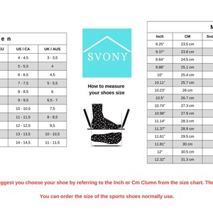 May include: Shoe size conversion chart for men and women, with measurements in inches and centimetres. Includes US, UK/AUS, and EU sizes. The chart also shows how to measure your foot for the correct shoe size.