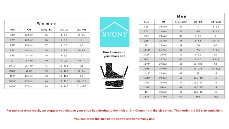 May include: Shoe size conversion chart for men and women, with measurements in inches and centimetres. Includes US, UK/AUS, and EU sizes. The chart also shows how to measure your foot for the correct shoe size.