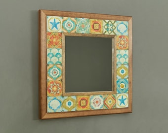 Bohemian Tile Mirror: Handmade Stone Wall Hanging Decor (13.4 inch)