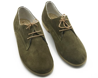 Handmade Suede Oxford Shoes: Green Leather Lace-Up Shoes