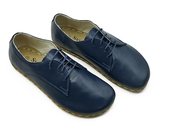 Women's Barefoot Leather Oxford Shoes: Navy Blue Zero Drop Lace-Up