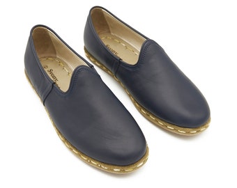 Dark Blue Genuine Handmade Women's Shoes, Vintage Shoes, Yemeni Shoes, Slip On Shoes, Leather Shoes Women, Organic Shoes