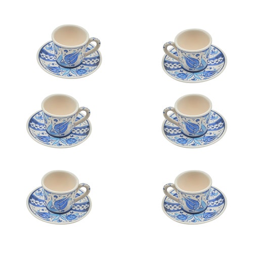 6 Sets Of Tile Coffee Cup Set , Handmade Painted Ceramic Turkish Coffee Set , shops Guest Coffee Set with Plates , Gift For Newlyweds