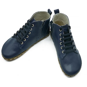 Women&#39;s Handmade Barefoot Navy Short Boots - Organic Zero Drop Booties with Zipper - Wide Toe Box Grounding Shoes