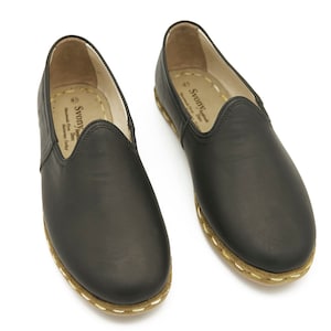 Women&#39;s Black Color Leather Slip One - Daily Basis Shoes - Comfort Leather Shoes - Organic Handmade Shoes
