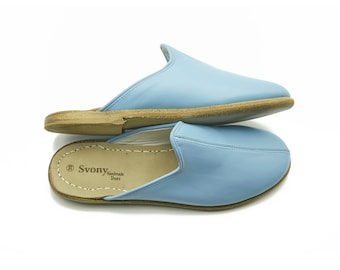 Ręcznie robione skórzane kapcie jemeńskie: niebieskie płaskie buty unisex