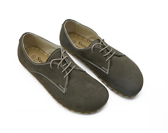 Women's Barefoot Oxford Shoes: Gray Leather Zero Drop Lace-Up
